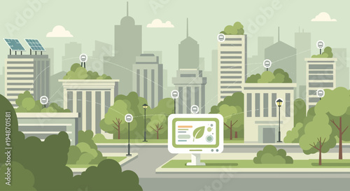 Smart green city with solar panels, rooftop gardens, and digital display.