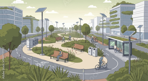 Sustainable city park with solar panels, bike lanes, and green buildings