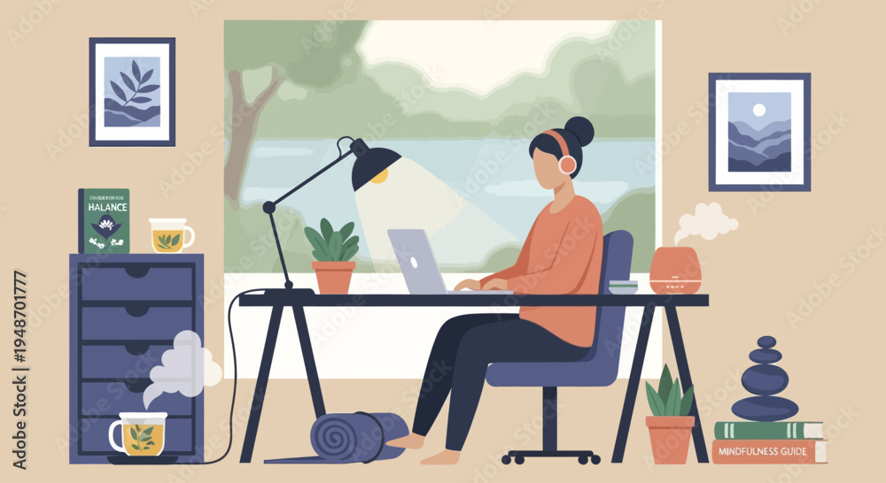 Fototapeta premium Woman Working Remotely From Home Office, Focused and Productive