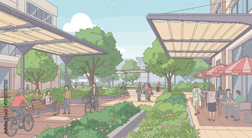 Urban Oasis: People enjoying a sunny day in a modern plaza with greenery and cafes