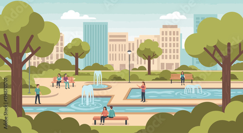 Urban park with fountains, trees, people relaxing on benches, and city buildings in background