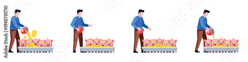 Farmer feeding piglets with food in a trough