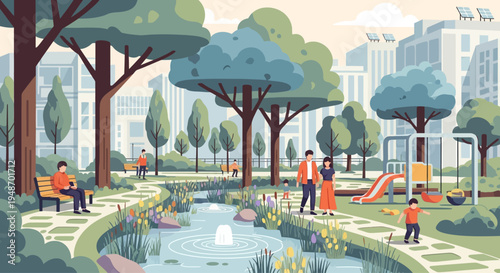 Urban park with families, playground, and stream, modern city buildings in background