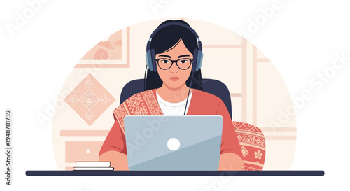 Woman wearing headphones and glasses working on a laptop at home, focused and studious