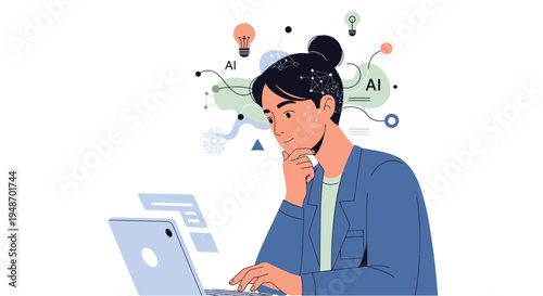 Woman thinking about AI, Artificial Intelligence, innovation, and technology with laptop