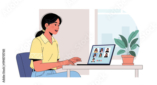 Woman working remotely on a video conference call, typing on laptop at home office desk