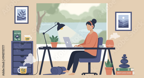 Woman Working Remotely From Home Office, Focused and Productive
