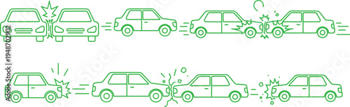 Car Collision Accident Outline Icon Set with Vehicle Crash Impact Symbols, Road Traffic Incident Illustrations for Insurance, Safety Awareness, Transportation and Emergency Design