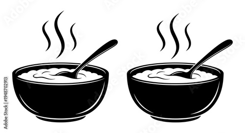 Two bowls of steaming soup with spoons ready for serving Vector, illustration