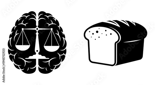 Balancing brain and bread symbolizing mind and nourishment equilibrium Vector, illustration