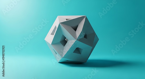 White geometric shape with multiple triangular faces and square holes on teal background white triangular faces