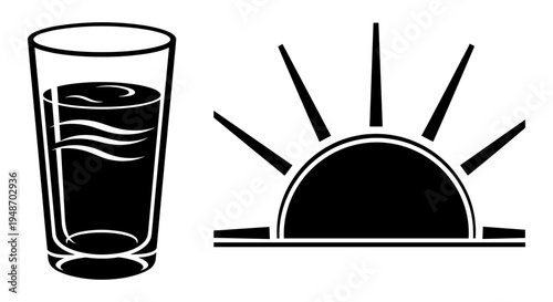 A glass of water next to a depiction of a sunrise over a horizon line Vector, illustration