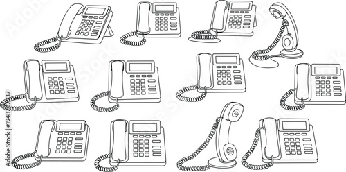 Landline Desk Telephone Outline Icon Set with Office Phone Devices, Business Communication Equipment, Call Center Technology and Customer Support Symbols