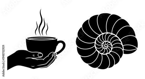 Hand holding tea cup paired with an ammonite fossil illustration Vector, illustration
