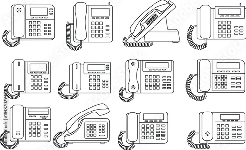 Desk Telephone and Landline Phone Outline Icon Set with Office Communication Devices, Business Call Equipment, Customer Support and Telecommunication Symbols Collection