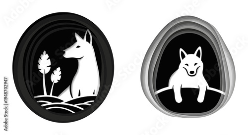 Two distinct stylized animal icons in circular frames against contrasting backgrounds Vector, illustration