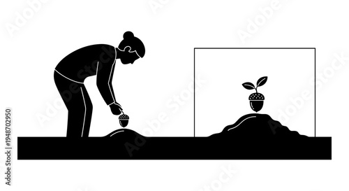 A person planting an acorn in the soil to grow a new tree in the future Vector, illustration