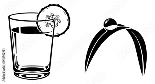 A glass of water with a lemon slice and a pair of tongs with a ball end Vector, illustration