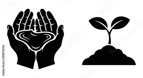Hands nurturing a seedling sprouting from soil in a black and white illustration Vector, illustration