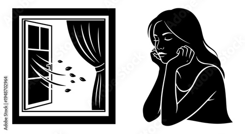 A contemplative woman listening by an open window with falling leaves Vector, illustration