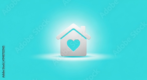 White house with heart cutout on teal background symbol