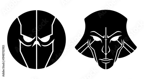 Contrasting stylized mask designs with intricate linework and bold contrasts Vector, illustration