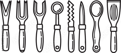 Assorted kitchen utensils displayed in a row for cooking and baking Vector