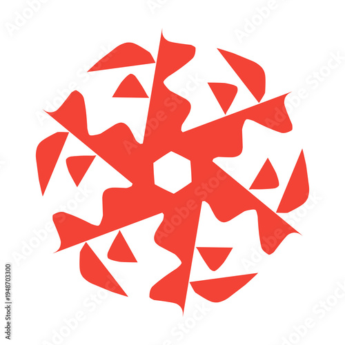 Red abstract geometric ornament with radial symmetry isolated on light background.