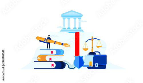 Legal Education and Justice System Concept with Lawyer, Law Books, Scales, and Courthouse Building