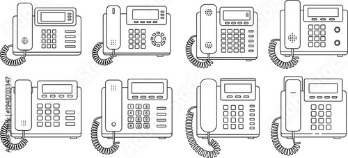 Office Desk Telephone and Landline Phone Outline Icon Set with Business Communication Devices, Call Center Equipment, Customer Support and Telecommunication Symbols