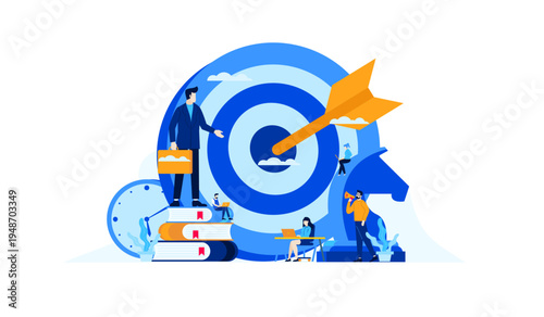 Business Strategy and Goal Achievement with Target, People Working, Books, and Chess Knight