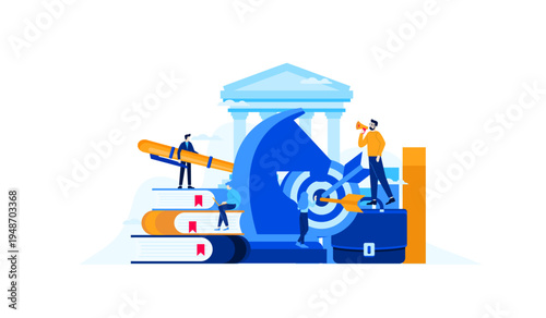 Business and Education Strategy Concept with People, Books, Chess Piece, Target, and Megaphone Representing Goal Achievement and Learning