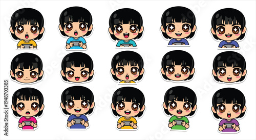 Cute Gamer Girl Character Emote Sticker Set, Cartoon Gaming Avatar Emoji Pack, Streaming Reaction Icons for Twitch Discord Vector