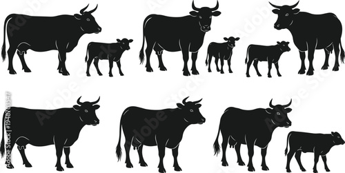Cow and Calf Silhouette Vector Set with Farm Cattle Animals for Agriculture, Dairy Farming Illustration, Livestock Ranch Graphics, and Rural Barnyard Design Elements
