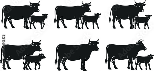 Cow and Calf Silhouette Vector Set with Farm Cattle Livestock Animals for Dairy Agriculture, Ranch Illustration, Rural Barnyard Scenes, and Farming Graphic Design