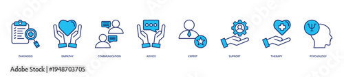 Counseling Icon Set. Icon set includes Diagnosis, Empathy, Communication, Advice, Expert, Support, Therapy, Psychology.