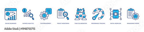 Online Business Management Icon Set. Icon set includes Online Dashboard, Business Analytics, Task Management, Project Monitoring, Team Collaboration, Performance Tracking, Digital Workflow.