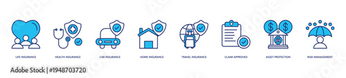 Insurance Icon Set. Icon set includes Life Insurance, Health Insurance, Car Insurance, Home Insurance, Travel Insurance, Claim Approved, Asset Protection, Risk Management.