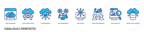 SaaS Startup System Icon Set. Icon set includes Saas Dashboard, Cloud Subscription, Api Integration, User Onboarding, Crm System, Data Analytics, Server Cloud Storage.