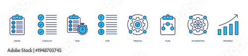 Workflow Icon Set. Icon set includes Order, Checklist, Task, Step, Process, Plan, Automation, Progress.