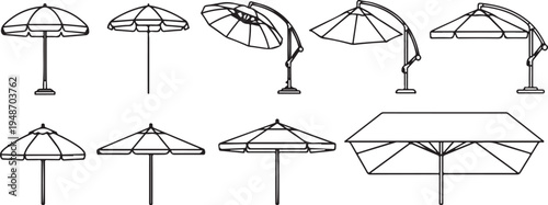 Various designs of umbrellas and their structural mechanisms illustrated Vector