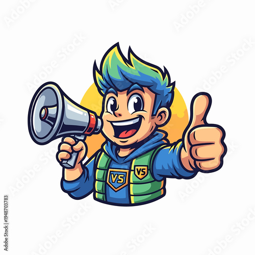 Cheerful cartoon striker with megaphone giving thumbs up