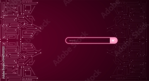 Futuristic technology circuit board background with glowing neon lines and digital search bar interface, abstract red gradient cyber technology concept EPS vector illustration