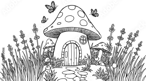 Mushroom Fairy House with Lavender and Butterflies in a Whimsical Fantasy Garden Illustration