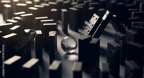 A radiant glass sphere rests amidst a dark labyrinth of falling and standing dominoes, serving as a powerful metaphor for a strategic catalyst initiating a transformative chain reaction