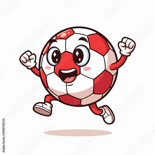 Cheerful soccer ball character jumping with fists raised
