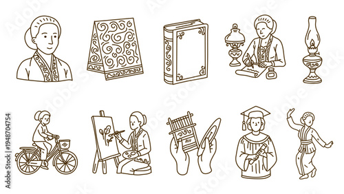 outline linear set of javanese cultural elements and female hero character poses