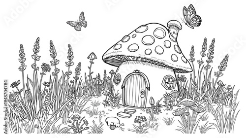 Mushroom House Illustration with Whimsical Garden and Enchanting Butterflies on Transparent Background