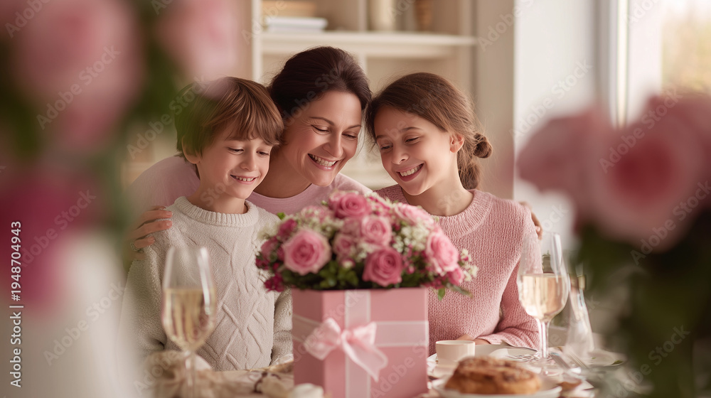 Fototapeta premium happy mother with children celebrating special occasion with flowers and dessert, family surprise celebration with kids giving flowers to their mother, joyful family moment with mother and children ce