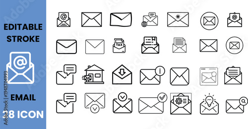 Email icons set: envelope, message, inbox, sending, communication symbols for correspondence
